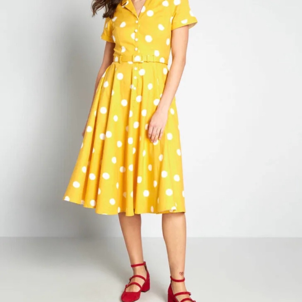 Modcloth Yellow Polka Dot Belted Midi Dress with White Spots - Picture 1 of 10